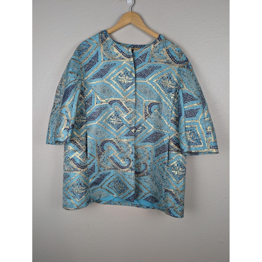 Chicos Jacket Womens 16/18P Blue Gold Metallic Brocade Mosaic Swing 3/4 Sleeve